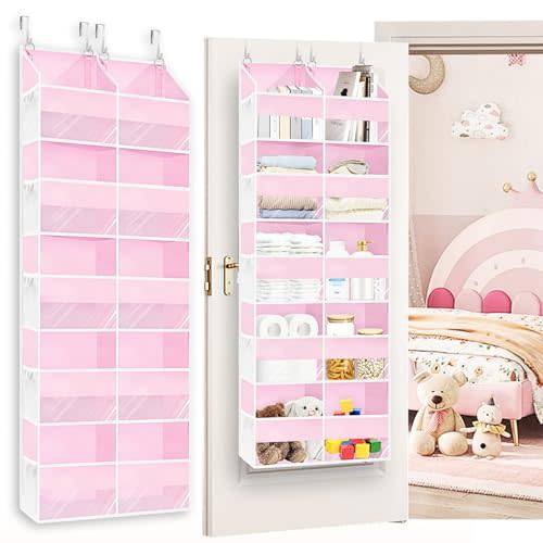 Over The Door Organizer 5 Tiers,Extra Large Behind Door Storage of 10 Compartments,50 lbs Weight Capacity Over The Door Storage, Door Hanging Organizer for Closet, Diaper Organizer, Toy Storage, Pink