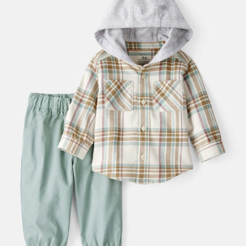 Brown/Green Baby Boy 2-Piece Print Cotton Long-Sleeve Tee & Pant Set - Plaid | Carter’s Oshkosh Canada