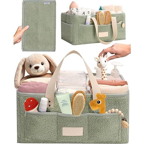 Baby Diaper Caddy Organizer with Portable Changing Mat - Teddy Fleece Diaper Organizer for Changing Table - Baby Basket for Diaper Changing Essentials - Baby Caddy Organizer with Removable Dividers