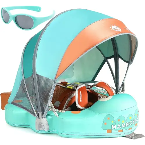 Mambobaby Float with Canopy and Tail New Upgraded Non-Inflatable Baby Pool Float Mambo Float Swim Trainer Solid Infant Swim Float Adjustable Pearl Foam Baby Swim Ring
