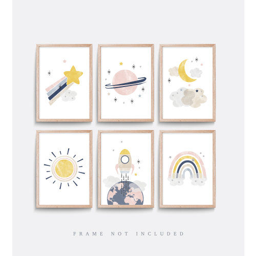Space nursery prints, Set of 6 Nursery print, Nursery wall art, Space wall art, Planet, Sun print, Rocket print, Rainbow art, Girl nursery