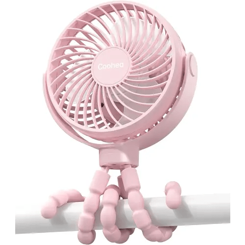 Stroller Fan Clip on for Baby, 4000mAh Rechargeable Battery Operated, Flexible Tripod, 3 Wind Speed, 360° Rotatable, Small Portable Fan for Car Seat Crib Backseat Beach Travel Camping, Pink