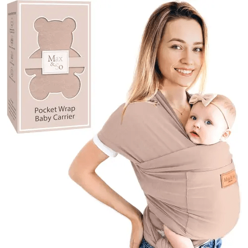 Baby Wrap Carrier - Premium Cotton Baby Carrier Wrap for Newborn to Toddler- Infant Carrier- Baby Holder One Size Fits All with Front Pocket(Beige) by Max&so