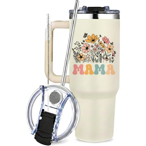 Mama Tumbler Gifts，40oz Tumbler with Handle for Moms, Travel Tumbler Gifts for Mother's Day women Birthday Christmas, Mama s Gift from daughter and Son
