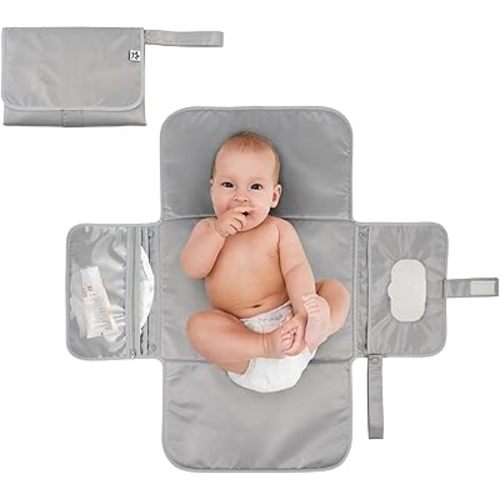 Tiny Twinkle Portable Diaper Changing Pad, Foldable Waterproof Baby Change Pad for Newborn Girl & Boy with Smart Wipes Pocket (Gray)