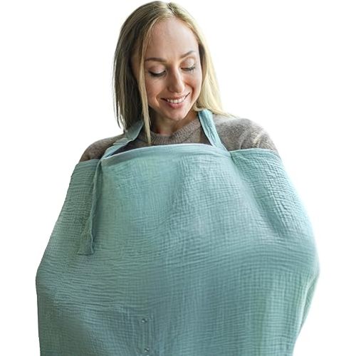 Nilsa 5-in-1 Muslin Nursing Cover up for Breastfeeding & Baby Car Seat Cover - Breathable Breastfeeding Cover With Rigid Hoop - 100% Cotton Privacy Apron Breast Feeding Covers For Women (Mint green)
