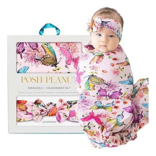 Posh Peanut Baby Swaddle Blanket & Headband - Matching Newborn Girl Swaddle Set, Use As a Receiving Blanket or Nursing Cover