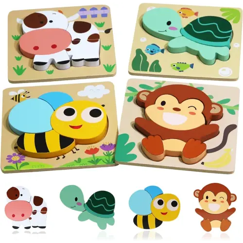 Wooden Puzzles Toddler, Montessori Toys for 1 2 3 Year Old Boys Girls Baby Kids, Montessori Learning for Toddlers 1-3 Christmas Birthday Gifts, 4 Animal Shape Jigsaw