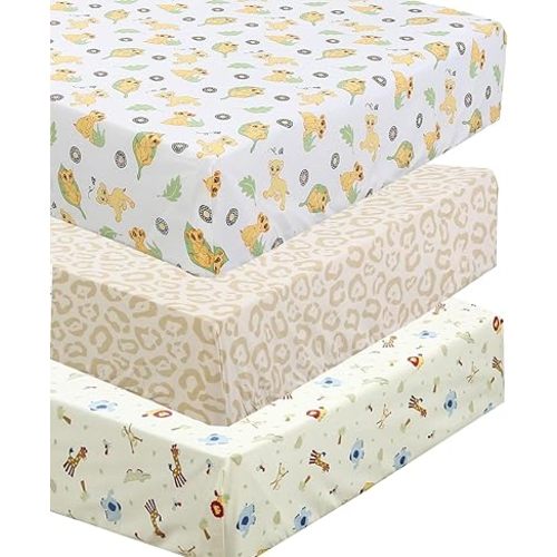 Danica 100% Cotton Fitted Baby Crib Sheet 3 Pack for Baby Boys Girls |Standard Crib and Toddler Mattress Sheets | 28x52 Inch (Lion King Elephant)