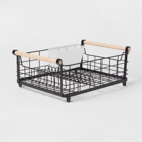 Metal Dish Rack With Powder Coated Finish And Rubber Wood Handles Black - Brightroom™: Freestanding Dish Drying Rack