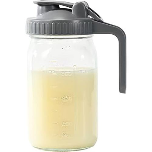 Breast Milk Pitcher, Glass Pitcher with Lid 32 oz, Heavy Duty Wide Mouth Jar with Flip Cap Lid and Pour Spout - Airtight Seal for Freshness and Convenience - Great for Cold Beverages