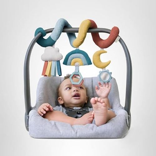 Itzy Ritzy Spiral Car Seat & Stroller Activity Toy - Stroller & Car Seat Toys for Ages 0 Months and Up - Hanging Toys Include Clinking Rings, Mirror and Textured Ribbons (Rainbow)