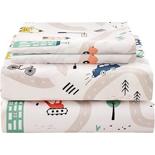JSD Car Kids Printed Sheet Set Full Size, 4 Piece Soft Microfiber Bed Sheets Deep Pocket