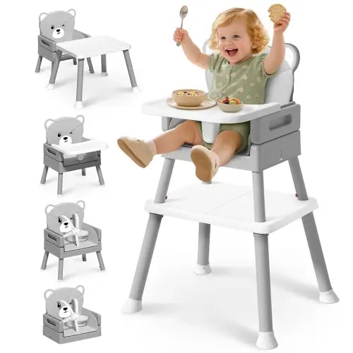AVIDOR Baby Highchair for Babies and Toddlers, 6 in 1 High Chair with 5 Point Harness and Removable Safe Tray, Easy Clean& Ergonomic, Cute Bear Cunshion Baby Highchair for 6-36 Months and 35 lbs, Gray