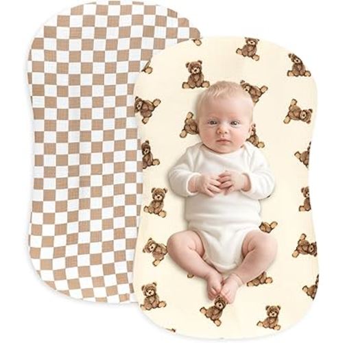 Hooyax Muslin Baby Lounger Cover 2 Pack - 100% Breathable Cotton Soft Infant Lounger Covers, Fits Most Standard Newborn Loungers & Pillows (Coffee Checker+Bear)