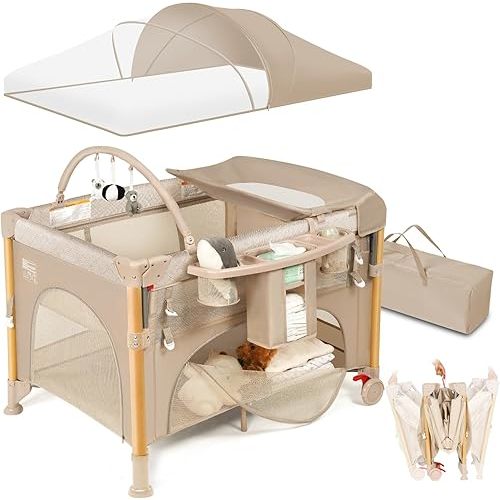 Baby Bassinet Bedside Crib for Travel with One-Hand Setup 5-in-1 Foldable Baby Playpen, Portable Pack and Play with Bassinet,Diaper Changer & Adjustable Mattress for Newborn to Toddler (Khaki)