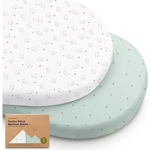 2-Pack Organic Bassinet Sheets for Girls, Boys - 100% Cotton Bassinet Mattress Sheets Compatible with Halo Bassinest Swivel Sleeper, Graco, Baby Delight, Chicco, Unisex Fitted Bassinet Sheets(Bunnies)