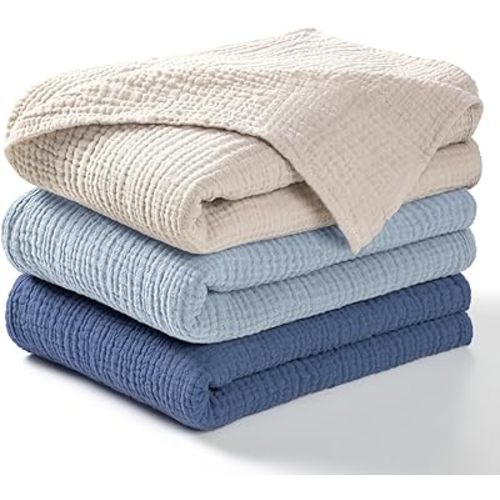 lulumoon Muslin Swaddle Blanket Baby - Cotton Swaddling Blanket Soft Baby Receiving Blanket Neutral 3Pack(Navy)