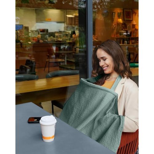 Muslin Nursing Cover for Breastfeeding, Breathable Privacy Nursing Covers with Arch Neckline for Mom, Soft Cotton Multi-use Nursing Apron (Roman Green)