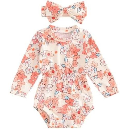 Karwuiio Newborn Baby Girl Fall Outfits Long Sleeve Ribbed Knit Jumpsuit Romper with Headband Infant Clothes Sets