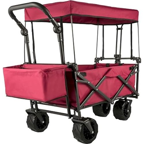 Happbuy Collapsible Wagon with Removable Canopy, 220lbs Heavy Duty Foldable Beach Wagon with Big Wheels, Folding Wagon Stroller with Adjustable Push Pulling Handles, Red