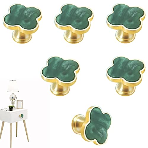 CPELLESSE 6 Pcs Clover Cabinets Knobs Dressering Pulls Cupboard Knobs Jewelry Box Pulls Drawer Wardrobe Wine Cabinet Handle Furniture Single Hole Door Handles(Green)