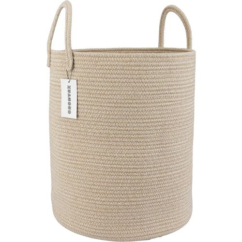Cotton Rope Laundry Basket Hamper for Clothes Woven Storage Basket for Living Room Bedroom Boho Tall Rope Baskets for Blanket Toys Pillow Towels Baby Nursery Hamper Bin oatmeal