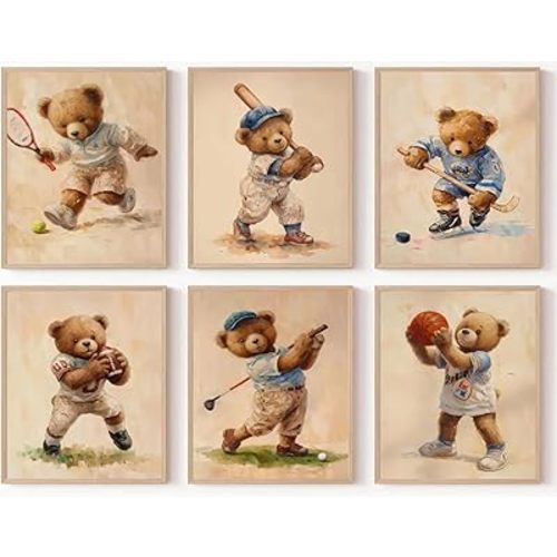 6Pcs Teddy Bear Sports Wall Art Kids Sports Canvas Wall Decor Boy Nursery Prints Retro Animal Poster Boy Room Prints Picture Vintage Cute Baby Bear Painting Kids Animal Pictures for Nursery Unframed