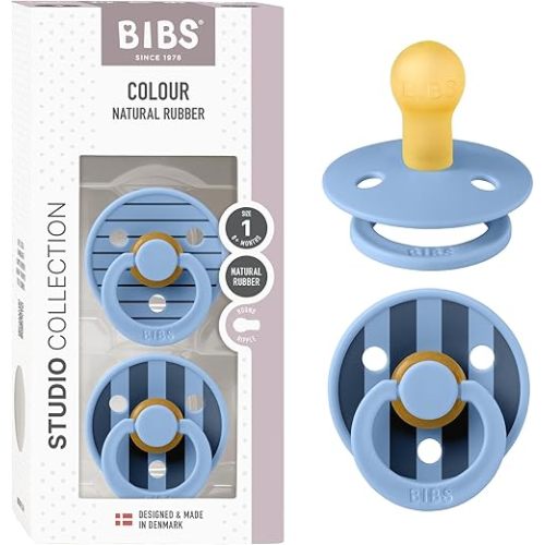BIBS Pacifiers - Colour Studio 2 Pack | Round Nipple Baby Pacifier | BPA Free Natural Rubber Latex Soother | Made in Denmark | Size 0+ Months | Pin Sky Blue