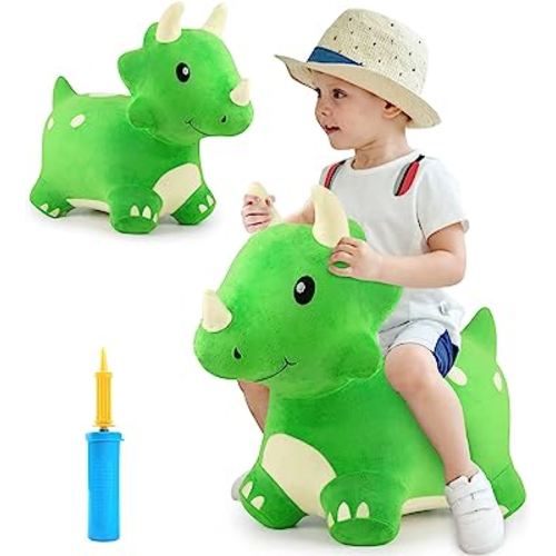 iPlay, iLearn Bouncy Pals Dinosaur Hopper Toy 2 Year Old Boy, Toddler Plush Bounce Animals, Ride on Bouncing Triceratops for Kids, Outdoor Hopping Horse Bouncer, Cool Birthday Gifts 3 5 6 Yr Girls