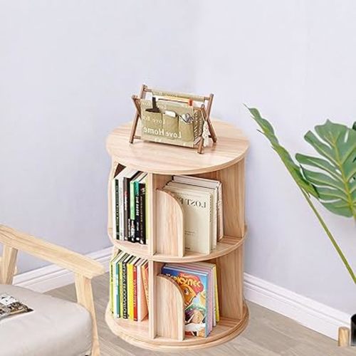 Wood Bookshelf Office End Table,2 Tier Nightstand with Storage Shelf,Rotating Side Table,Circle Nightstands for Bedroom,Modern Sofa Bedside Tables for Living Room,Easy Assembly.