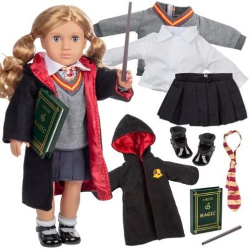 9pc Hermione Granger Inspired 18" Doll Outfit-Compatible w American Girl Dolls, Includes Robe, Wand, Book, Sweater, Shirt, Skirt, Socks, Shoes & Tie