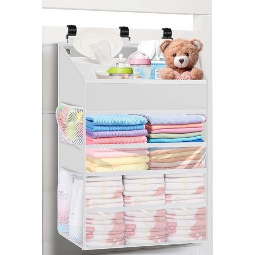 Hanging Diaper Caddy Organizer Crib Organizer–Spacious Baby Girl/Boy Diaper Organizer for Changing Table, Playpen/Wall- Hold 90+ Diaper (White)