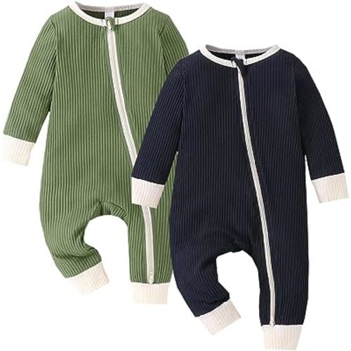 Bafeicao Unisex Baby Boy Girl 2 Pack Rompers Long Sleeve Two Way Zipper Romper One Piece Jumpsuits Clothes Sets