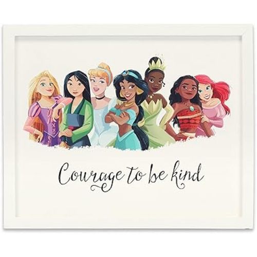 Disney Princess Courage to Be Kind Framed Wood Wall Art - Cute Princess Picture Featuring Rapunzel, Cinderella, Ariel and More