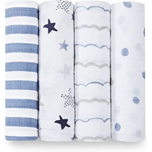 aden + anais Boutique Muslin Swaddle Blanket for Baby Girls and Boys, Newborn Receiving Blanket for Swaddling, 100% Muslin Cotton Swaddle Wrap, 4 Pack, Rock Star