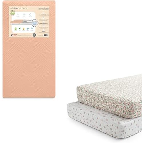 Delta Children Summer Breeze Mattress - Breathable Baby Crib & Toddler Mattress with Cloud Core + Delta Children Fitted Crib Sheets for Girls and Boys (Pack of 2), Pink Floral (Bundle)