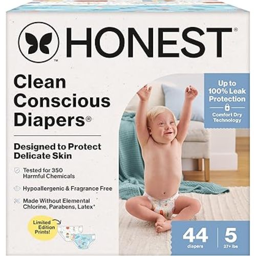 The Honest Company Clean Conscious Diapers for Sensitive Skin | Up to 100% Leakproof | Hypoallergenic, Fragrance Free | Summer '25 Limited Edition Prints | Club Box, Size 5 (27+ lbs), 44 Count