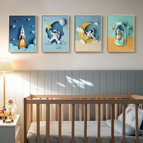 Framed Space Astronaut Cool Wall Art for Nursery Decor, 4 Piece Modern Space Themed Canvas Prints Paintings Artwork for Walls, Rocket Pictures for Bedroom, Kids Room, Baby Room, Boys Room, Bathroom Wall Decor