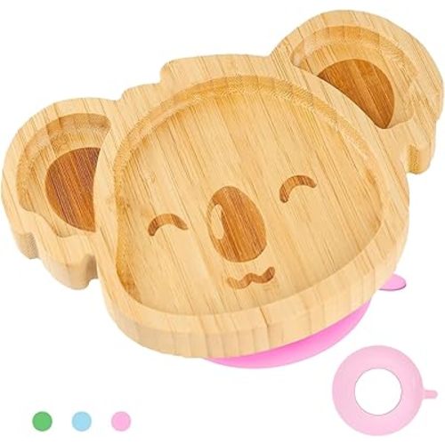 Bamboo Suction Plates for Babies & Toddlers - Natural Wooden Animal Koala - Small Led Weaning Supplies - Ages 4-72 Months (Pink)