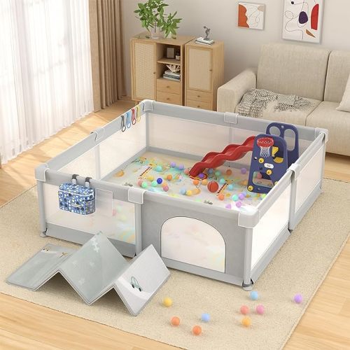 LUTIKIANG 79" x 71" Baby Playpen with Upgrade Mat, Portable Play Yard for Babies and Toddlers, Extra Large Baby Gate Playpen, Play Pin, Fence Area, Includes Ocean Balls, Pulling Rings