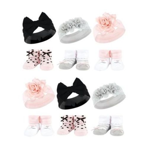 Hudson Baby Infant Girl 12Pc Headband and Socks Giftset, Pink Black Gray, One Size