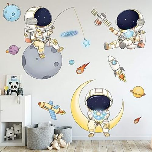 Astronaut Wall Stickers for Boys Bedroom, DILIBRA Cartoon Spaceman Outer Planet Creative DIY Art Vinyl Removable Wall Decal, Star Spaceship UFO Glaxy Wallpaper Decor for Kid’s Room Nursery