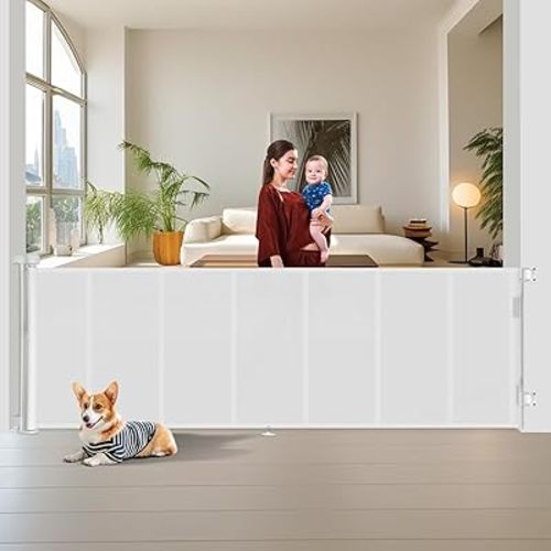 Upgraded 150 inch Retractable Baby Gates Extra Wide with Reinforced Strip Design to Prevent Crawling Through, 42" Extra Tall Retractable Gates, 12 FT Retractable Dog Gate for Indoor/Outdoor