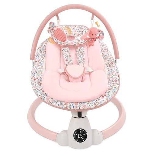 Baby Swing for Infants, Electric Baby Swing with Bluetooth, Portable Infant Swing with 5 Speeds, 10 Songs, 5-Point Harness & Remote Control, for Newborns Infants Indoor Outdoor Use (Pink)