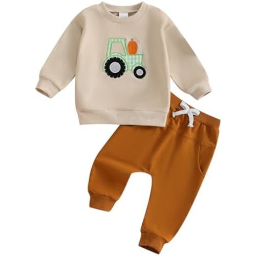 Toddler Baby Boy Halloween Outfit Pumpkin Tractor/Truck/Excavator Embroidery Crewneck Sweatshirt and Jogger Pants Set