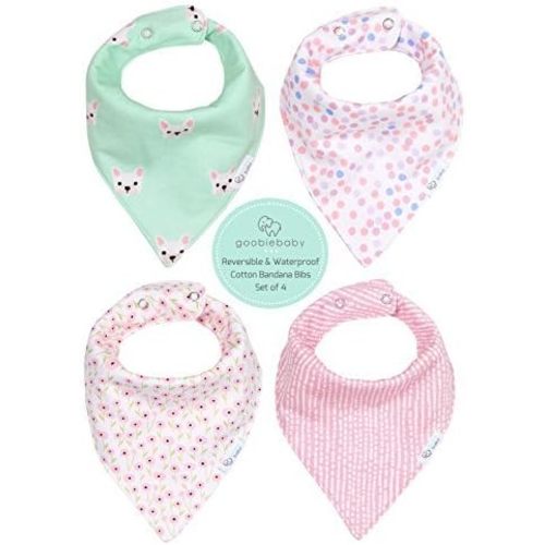 Goobie Baby, REVERSIBLE & WATERPROOF Cotton Baby Bandana Drool Bibs for Girls with Adjustable Snaps, Pack of 4, Soft Absorbent Cute Modern Premium Bib Set for Teething Drooling (Pink)
