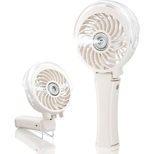 HandFan Upgraded Portable Handheld Misting Fan, Rechargeable Personal Mister, Battery Operated Spray Water Mist, Foldable Electric Mini Cooling Hand Fan for Beach, Travel, Outdoors, Makeup (Beige)