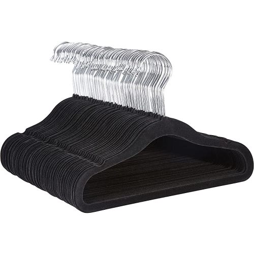 Amazon Basics Kids Velvet, Non-Slip 11" Clothes Hangers, Black - Pack of 50