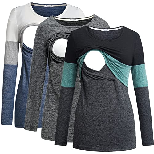 Bearsland Women's 3 Packs Maternity Clothes Long Sleeves Breastfeeding Shirts Nursing Top